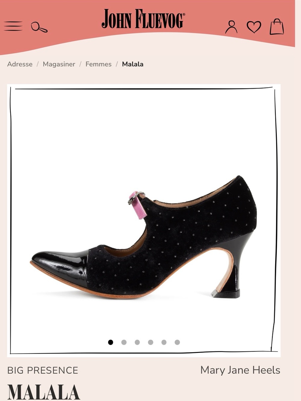 John Fluevog Malala Black Velvet & Patent Mary Jane Heels with Pink Buckle